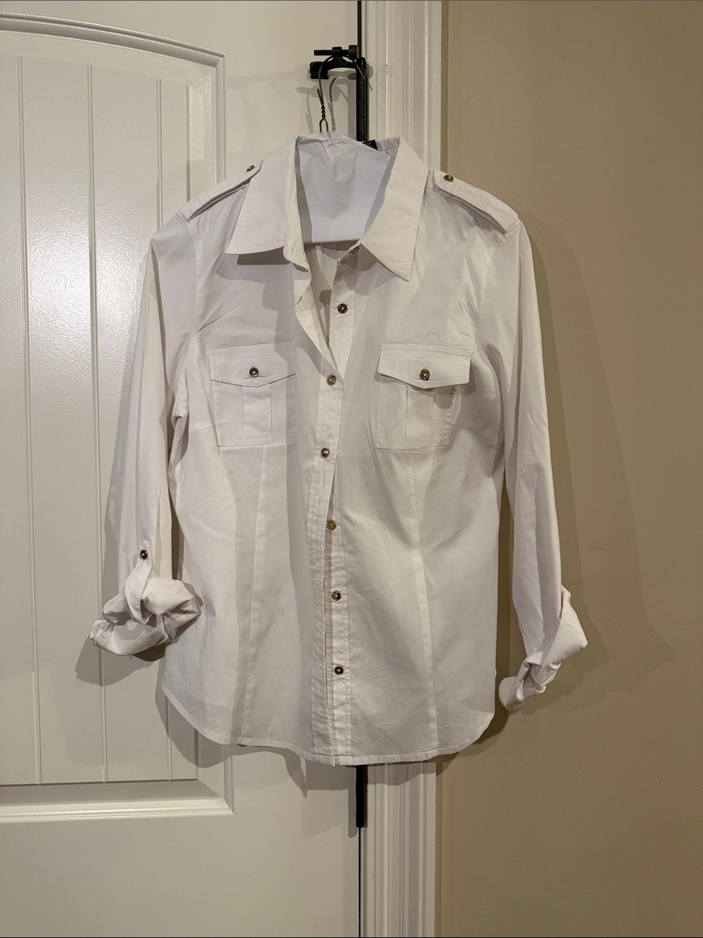 new directions White Casual Button-Down Shirt with Epaulets